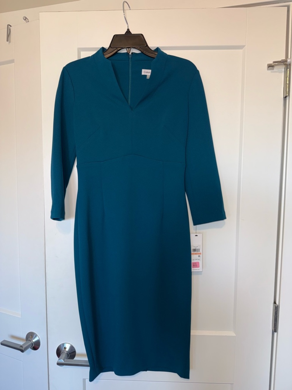 Calvin Klein Teal Sheath Dress with Notch V-Neck